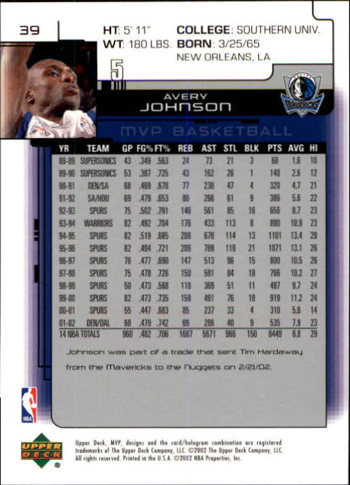 2002-03 Upper Deck MVP #39 Avery Johnson back image