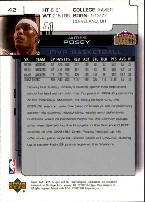 2002-03 Upper Deck MVP #42 James Posey back image