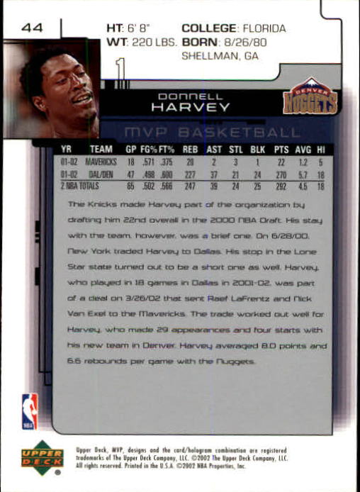 2002-03 Upper Deck MVP #44 Donnell Harvey back image
