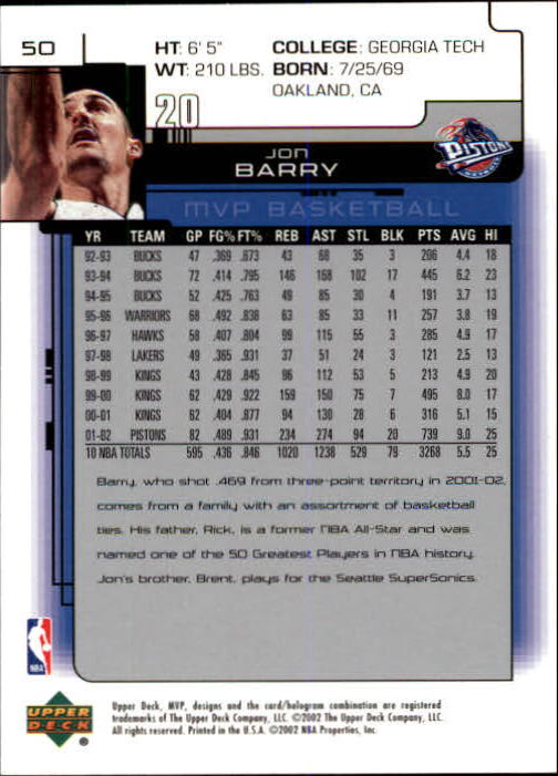 2002-03 Upper Deck MVP #50 Jon Barry back image