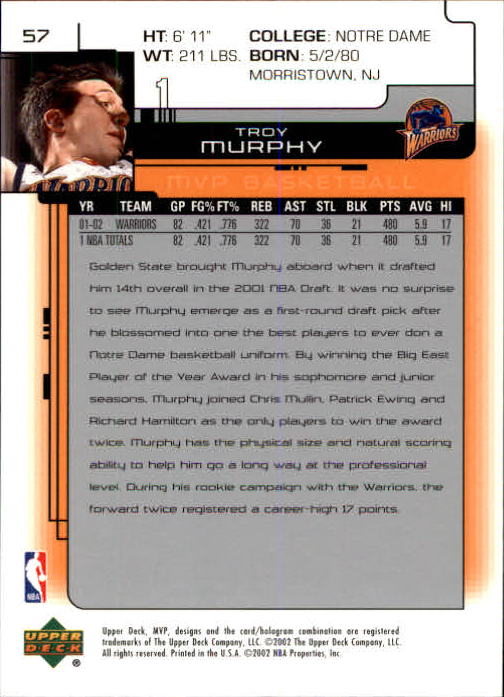 2002-03 Upper Deck MVP #57 Troy Murphy back image