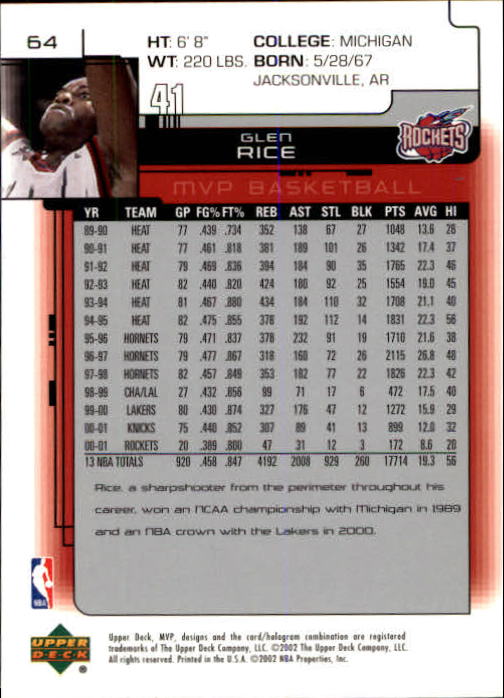 2002-03 Upper Deck MVP #64 Glen Rice back image