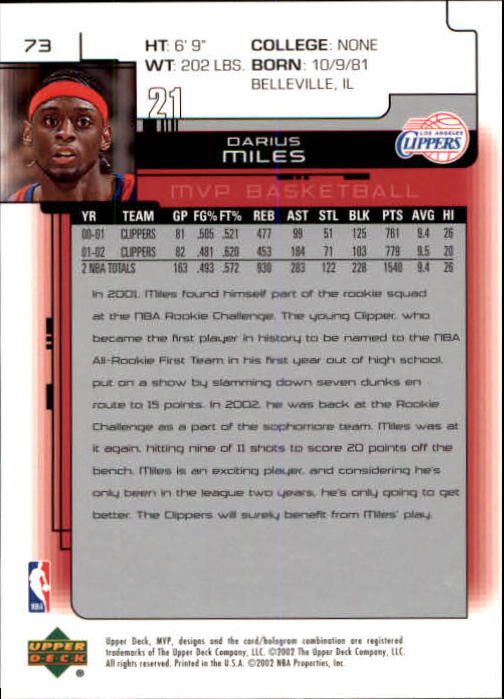 2002-03 Upper Deck MVP #73 Darius Miles back image