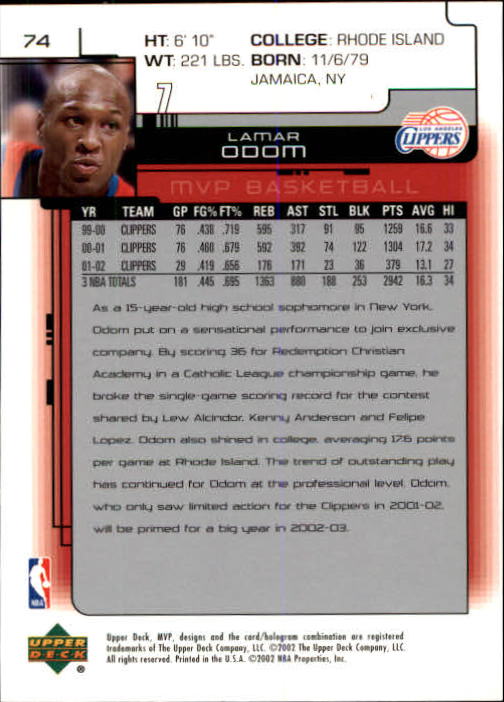 2002-03 Upper Deck MVP #74 Lamar Odom back image