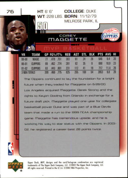 2002-03 Upper Deck MVP #76 Corey Maggette back image