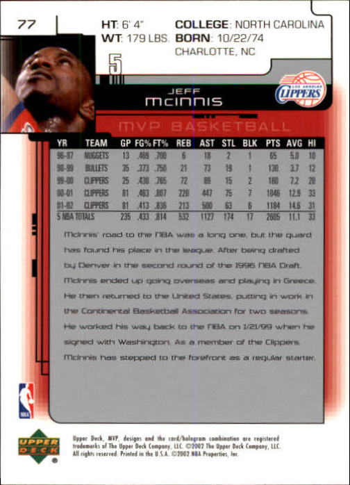 2002-03 Upper Deck MVP #77 Jeff McInnis back image