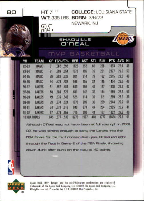 2002-03 Upper Deck MVP #80 Shaquille O'Neal back image