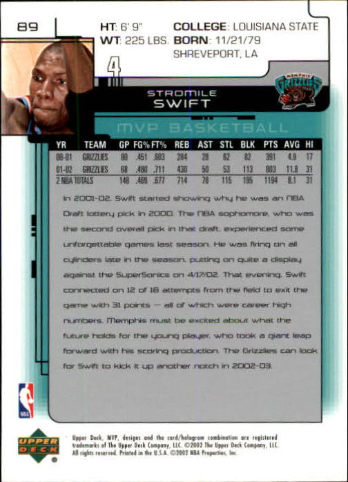 2002-03 Upper Deck MVP #89 Stromile Swift back image