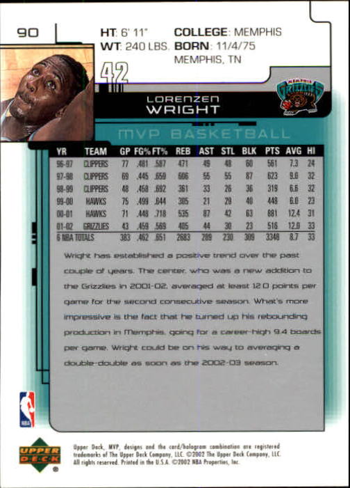 2002-03 Upper Deck MVP #90 Lorenzen Wright back image