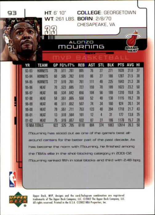 2002-03 Upper Deck MVP #93 Alonzo Mourning back image