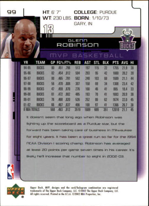 2002-03 Upper Deck MVP #99 Glenn Robinson back image