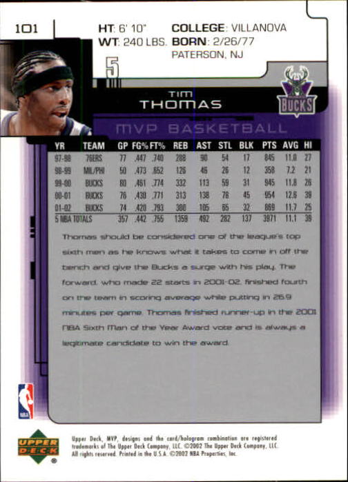 2002-03 Upper Deck MVP #101 Tim Thomas back image