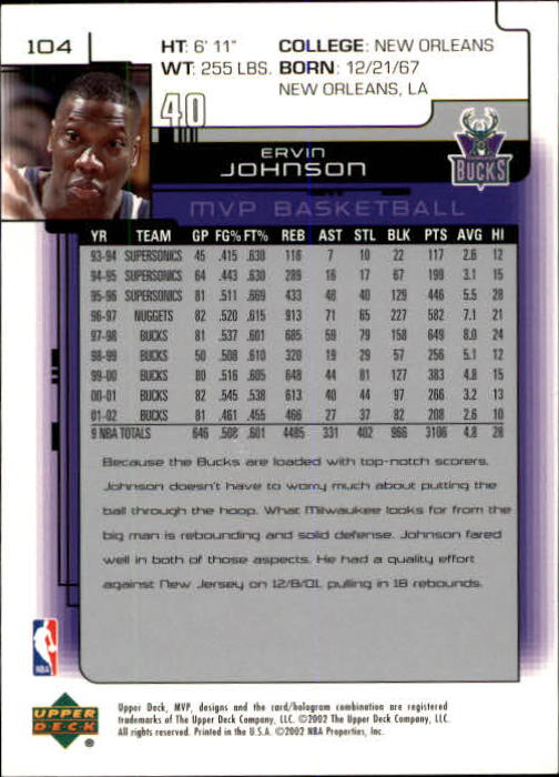 2002-03 Upper Deck MVP #104 Ervin Johnson back image
