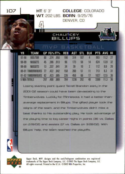 2002-03 Upper Deck MVP #107 Chauncey Billups back image