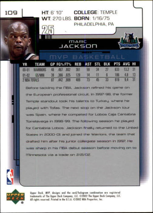 2002-03 Upper Deck MVP #109 Marc Jackson back image