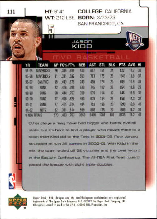 2002-03 Upper Deck MVP #111 Jason Kidd back image