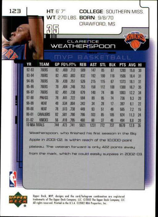 2002-03 Upper Deck MVP #123 Clarence Weatherspoon back image