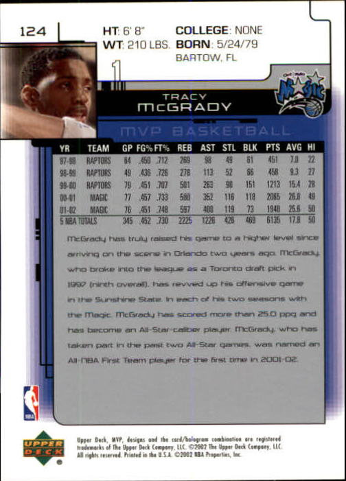 2002-03 Upper Deck MVP #124 Tracy McGrady back image