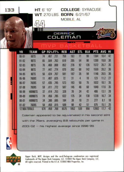 2002-03 Upper Deck MVP #133 Derrick Coleman back image