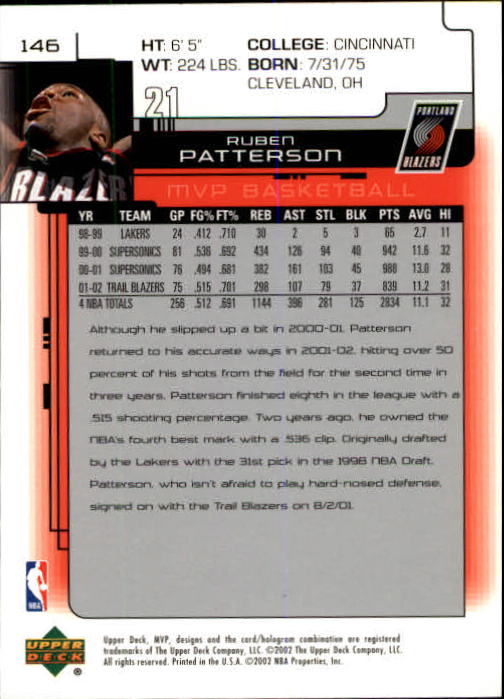 2002-03 Upper Deck MVP #146 Ruben Patterson back image