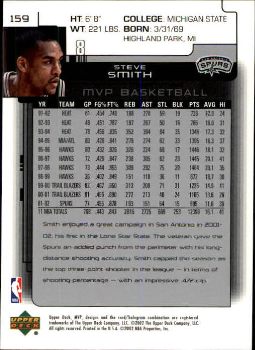 2002-03 Upper Deck MVP #159 Steve Smith back image