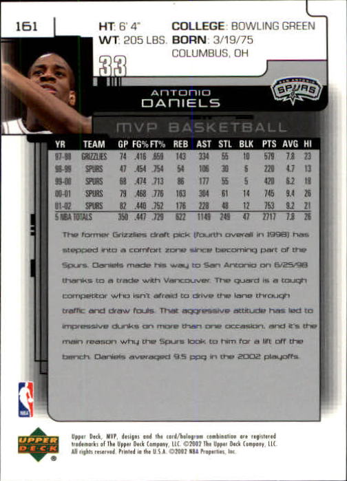 2002-03 Upper Deck MVP #161 Antonio Daniels back image