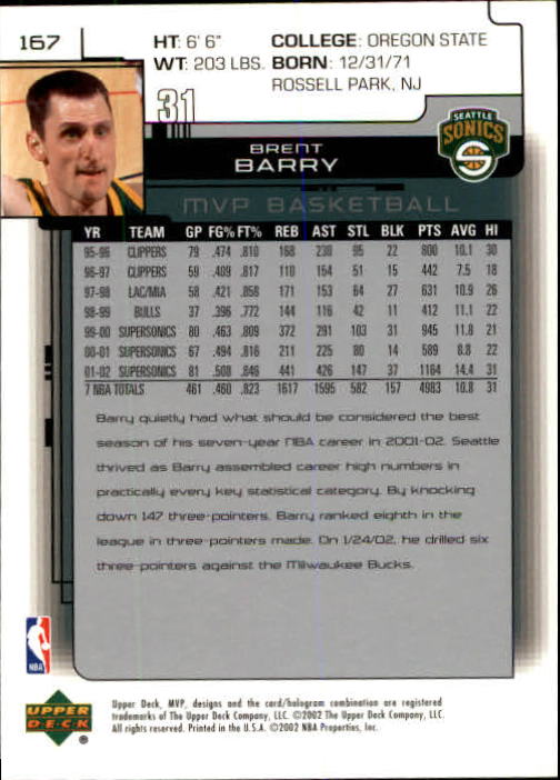 2002-03 Upper Deck MVP #167 Brent Barry back image