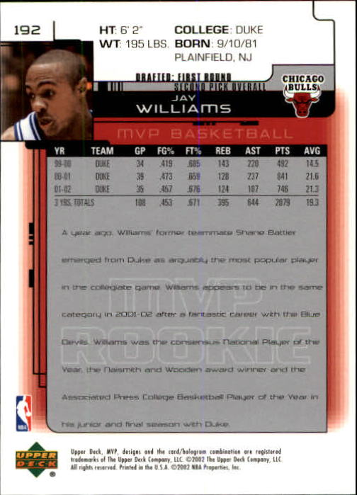 2002-03 Upper Deck MVP #192 Jay Williams RC back image