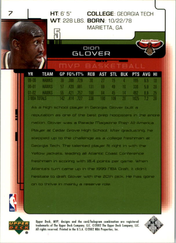 2002-03 Upper Deck MVP Classic #7 Dion Glover back image