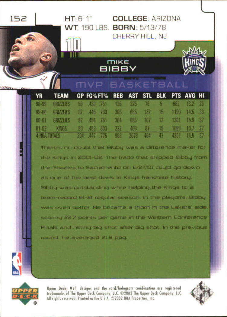 2002-03 Upper Deck MVP Classic #152 Mike Bibby back image