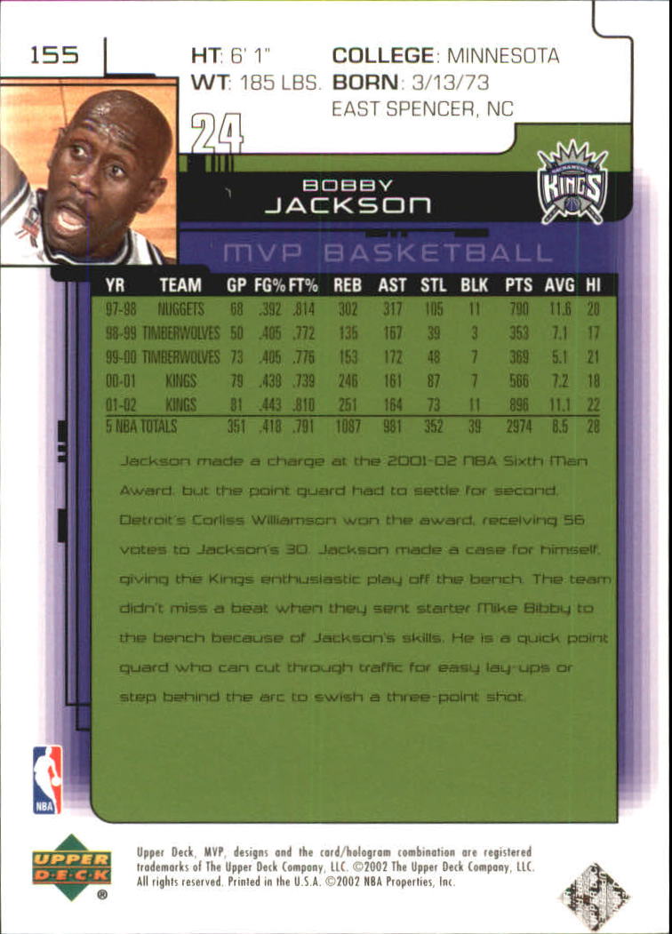 2002-03 Upper Deck MVP Classic #155 Bobby Jackson back image
