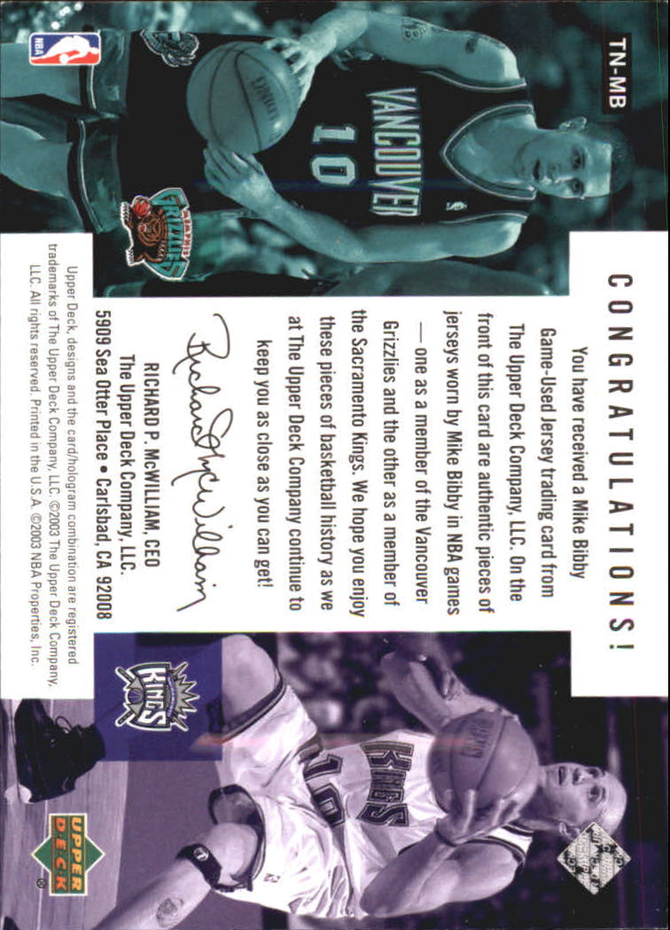 2002-03 Upper Deck Championship Drive Then and Now Jersey #TNMB Mike Bibby back image