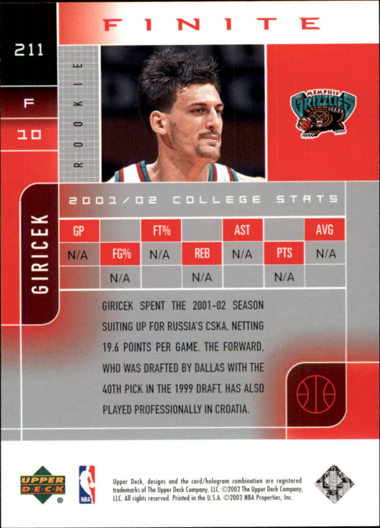 2002-03 Upper Deck Finite #211 Gordan Giricek RC