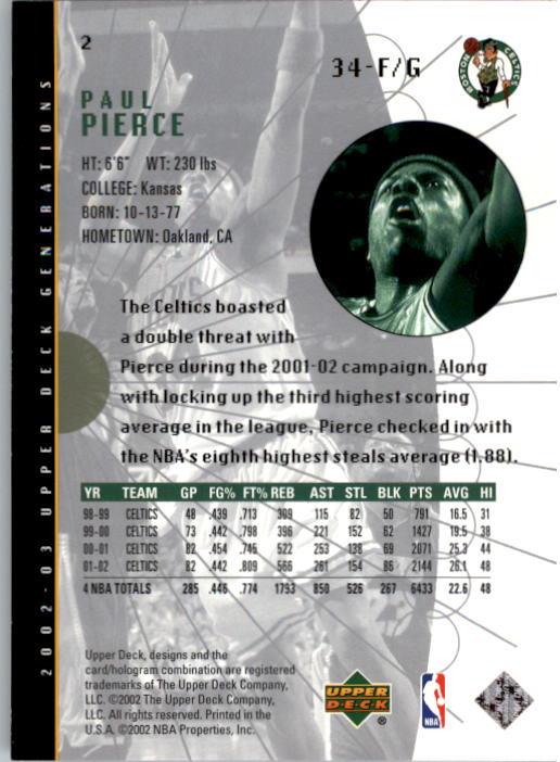 2002-03 Upper Deck Generations #2 Paul Pierce back image