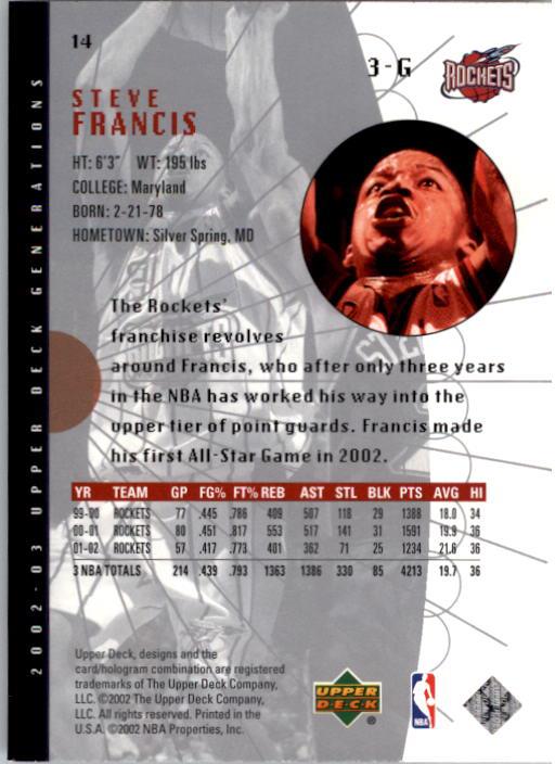 2002-03 Upper Deck Generations #14 Steve Francis back image