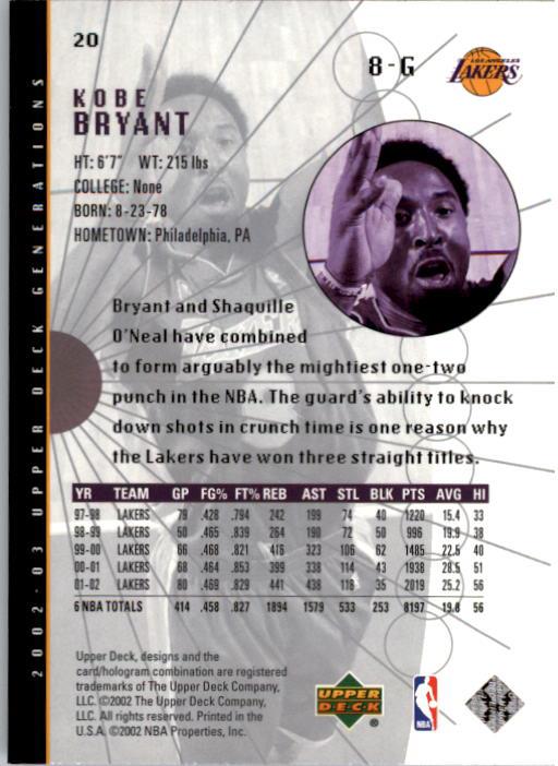 2002-03 Upper Deck Generations #20 Kobe Bryant back image