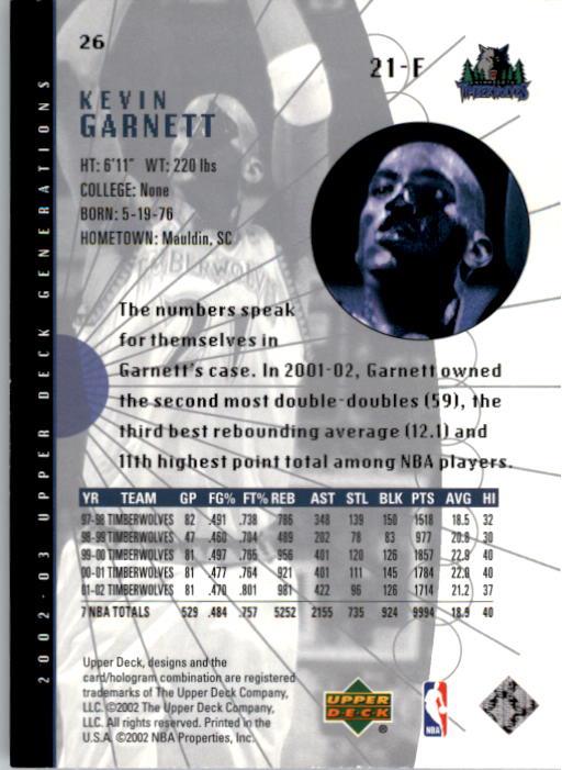 2002-03 Upper Deck Generations #26 Kevin Garnett back image