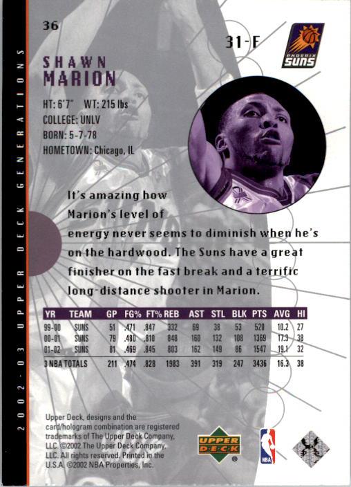 2002-03 Upper Deck Generations #36 Shawn Marion back image