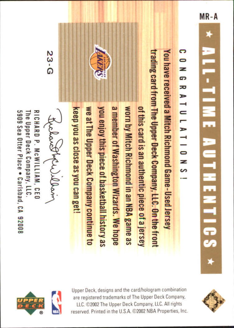 2002-03 Upper Deck Generations All-Time Authentics #MRA Mitch Richmond back image