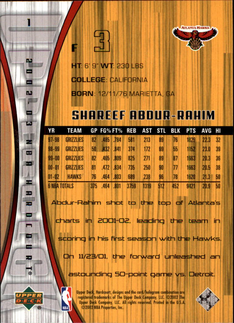 2002-03 Upper Deck Hardcourt #1 Shareef Abdur-Rahim back image