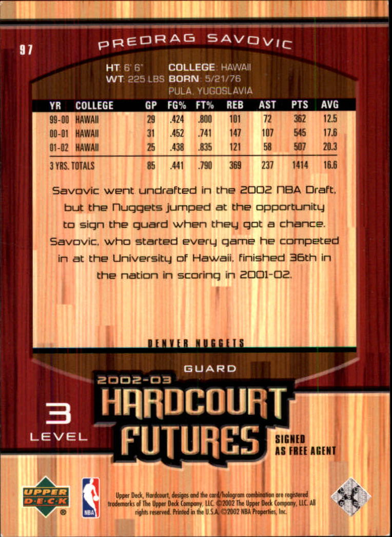 2002-03 Upper Deck Hardcourt #97 Predrag Savovic RC back image