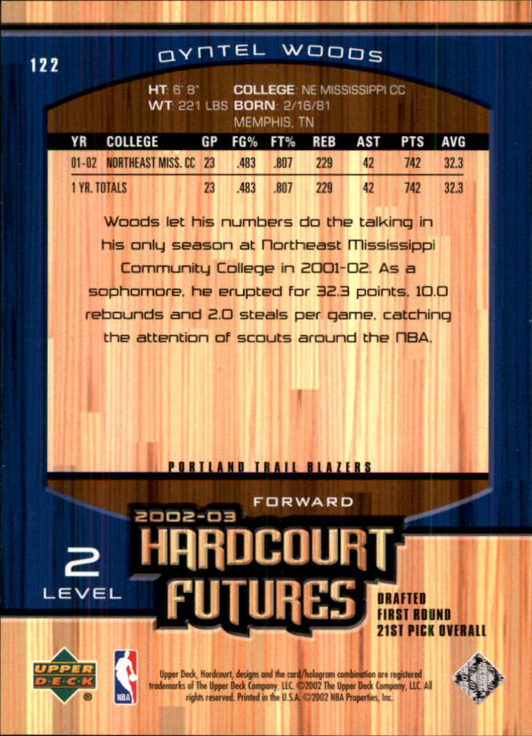 2002-03 Upper Deck Hardcourt #122 Qyntel Woods RC back image