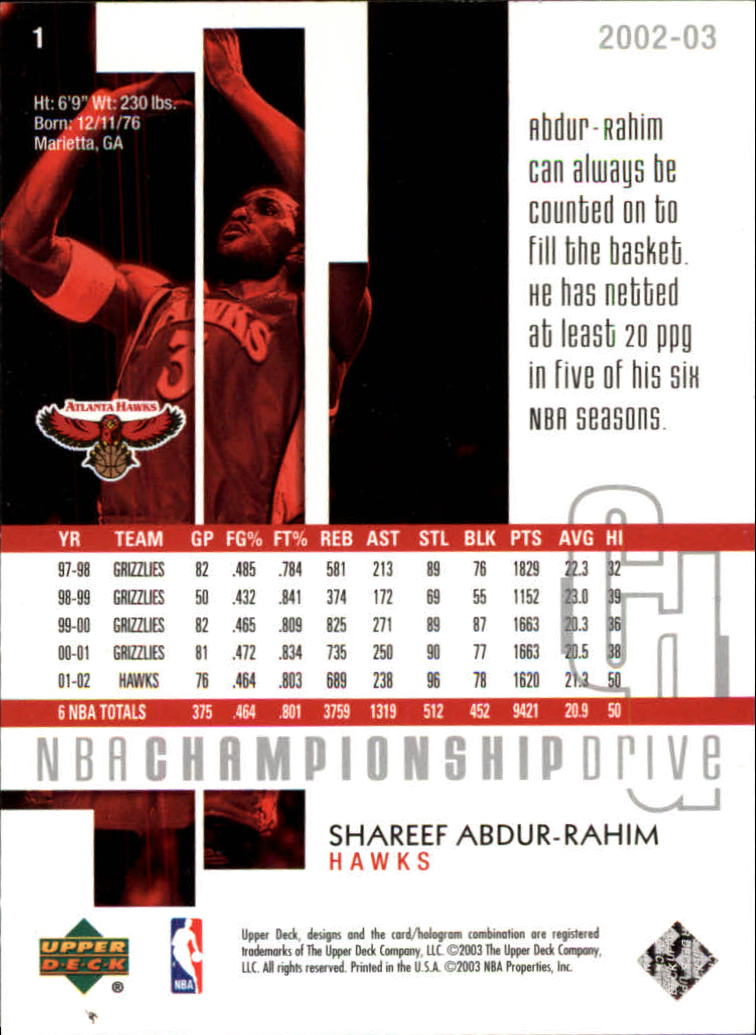 2002-03 Upper Deck Championship Drive #1 Shareef Abdur-Rahim back image