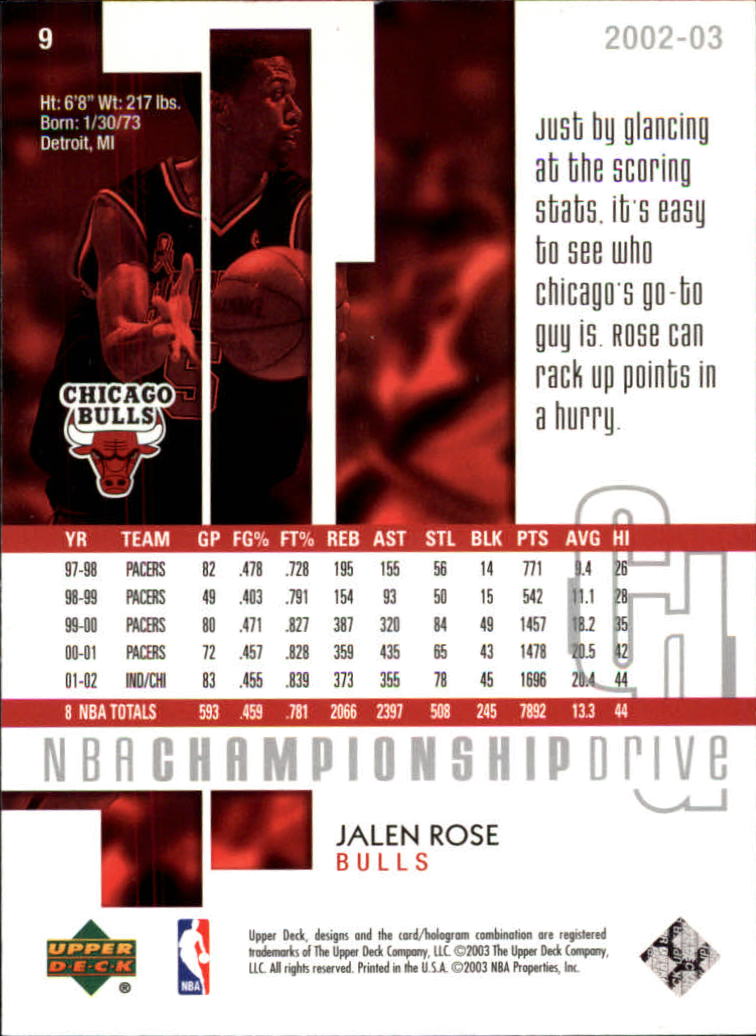 2002-03 Upper Deck Championship Drive #9 Jalen Rose back image