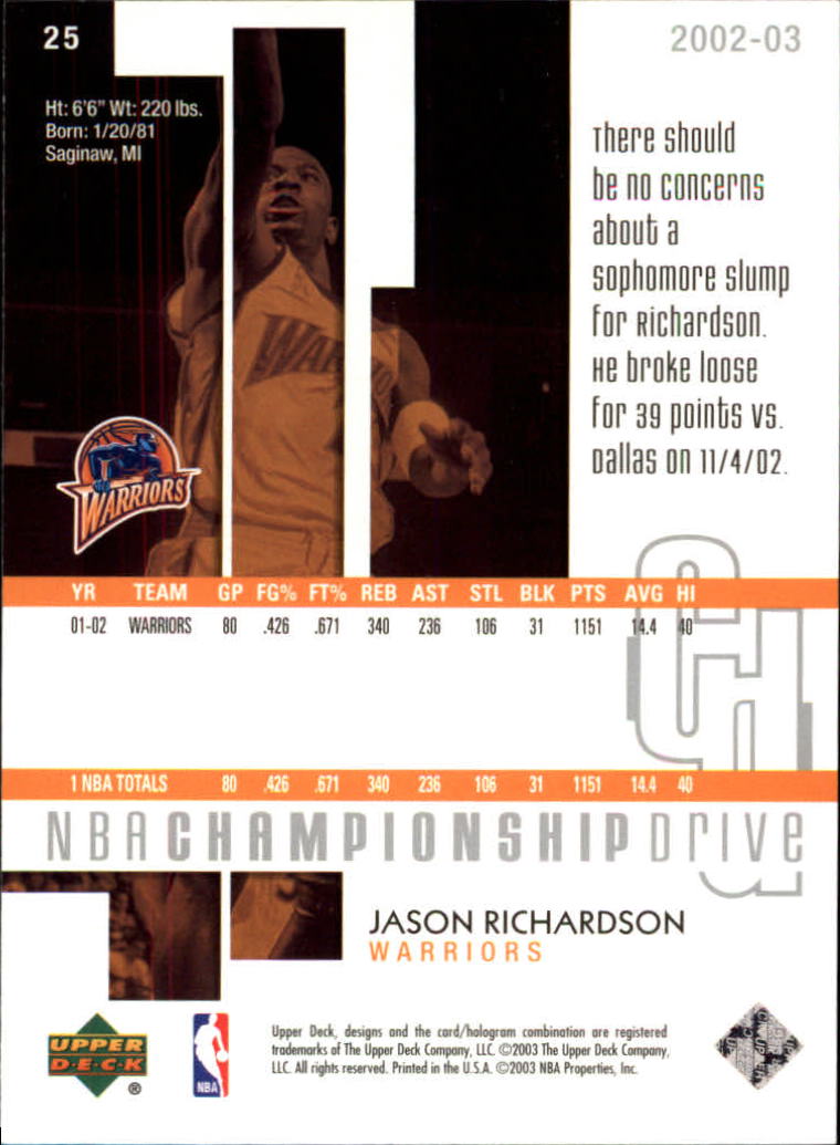 2002-03 Upper Deck Championship Drive #25 Jason Richardson back image