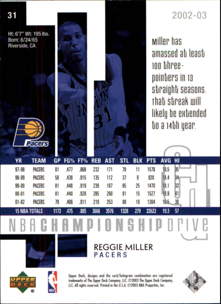 2002-03 Upper Deck Championship Drive #31 Reggie Miller back image