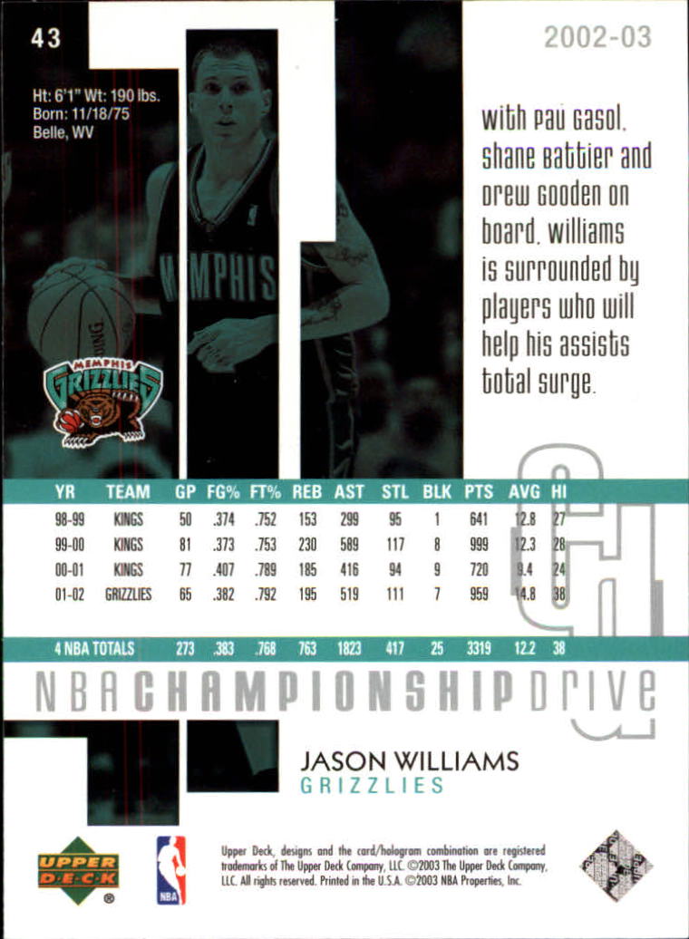 2002-03 Upper Deck Championship Drive #43 Jason Williams back image