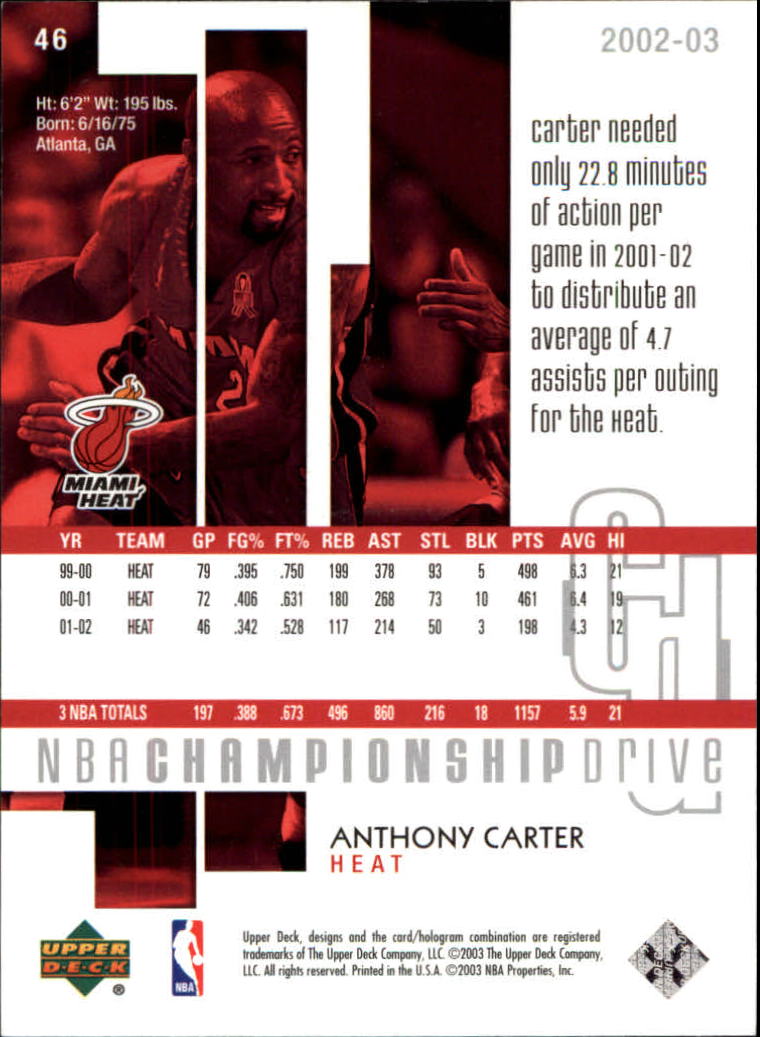 2002-03 Upper Deck Championship Drive #46 Anthony Carter back image