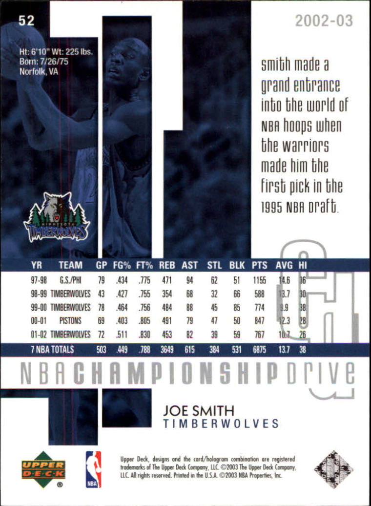 2002-03 Upper Deck Championship Drive #52 Joe Smith back image