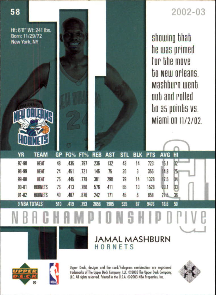 2002-03 Upper Deck Championship Drive #58 Jamal Mashburn back image